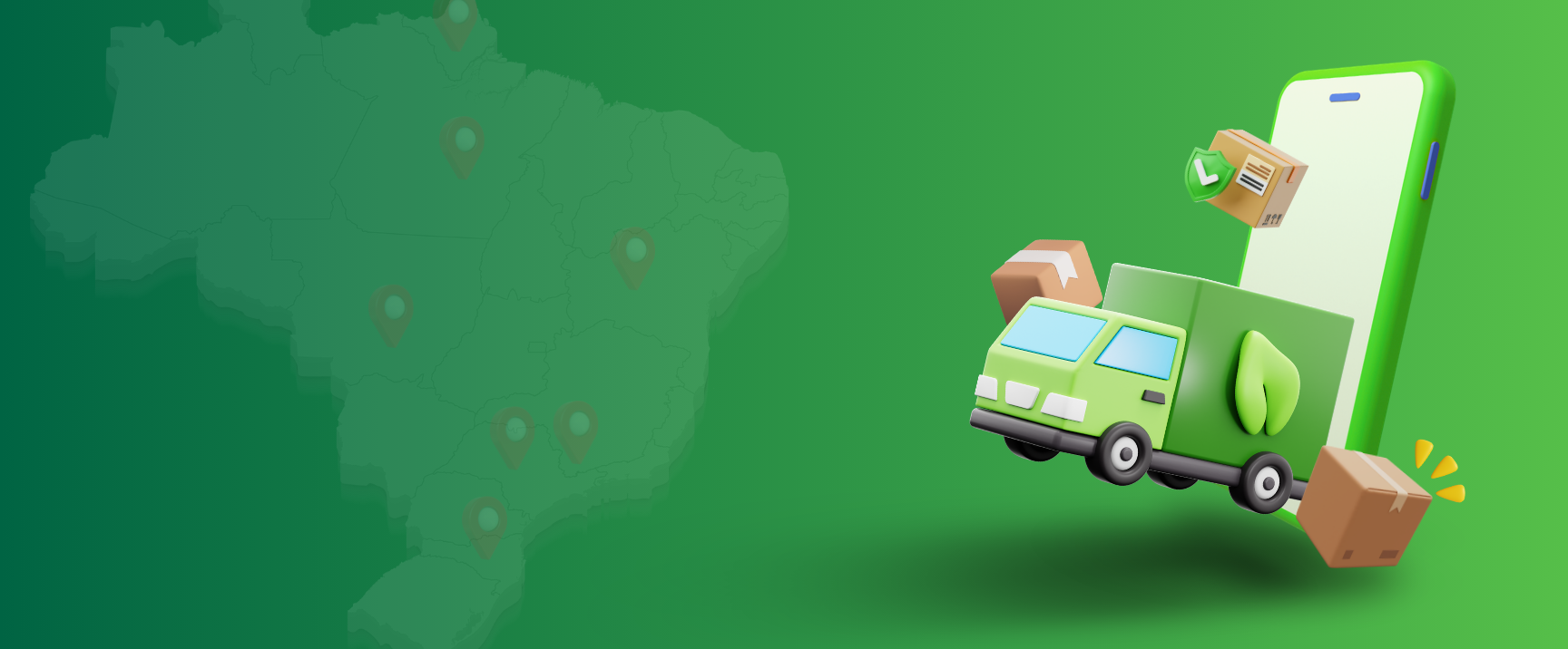 Ilustração de caminhão de entrega com caixas saindo de um celular, ao lado do mapa do Brasil