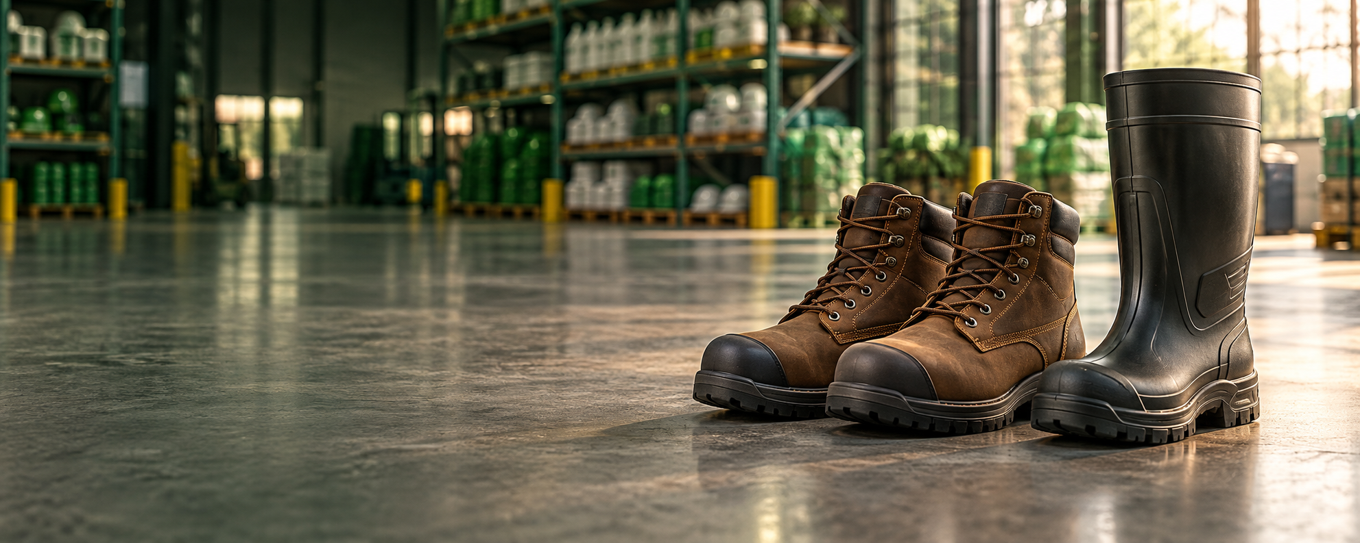 Botas e botinas de segurança sobre piso de concreto