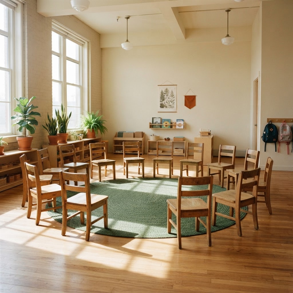 Sala de aula iluminada pelo sol da manhã, com cadeiras de madeira dispostas em roda sobre um tapete verde